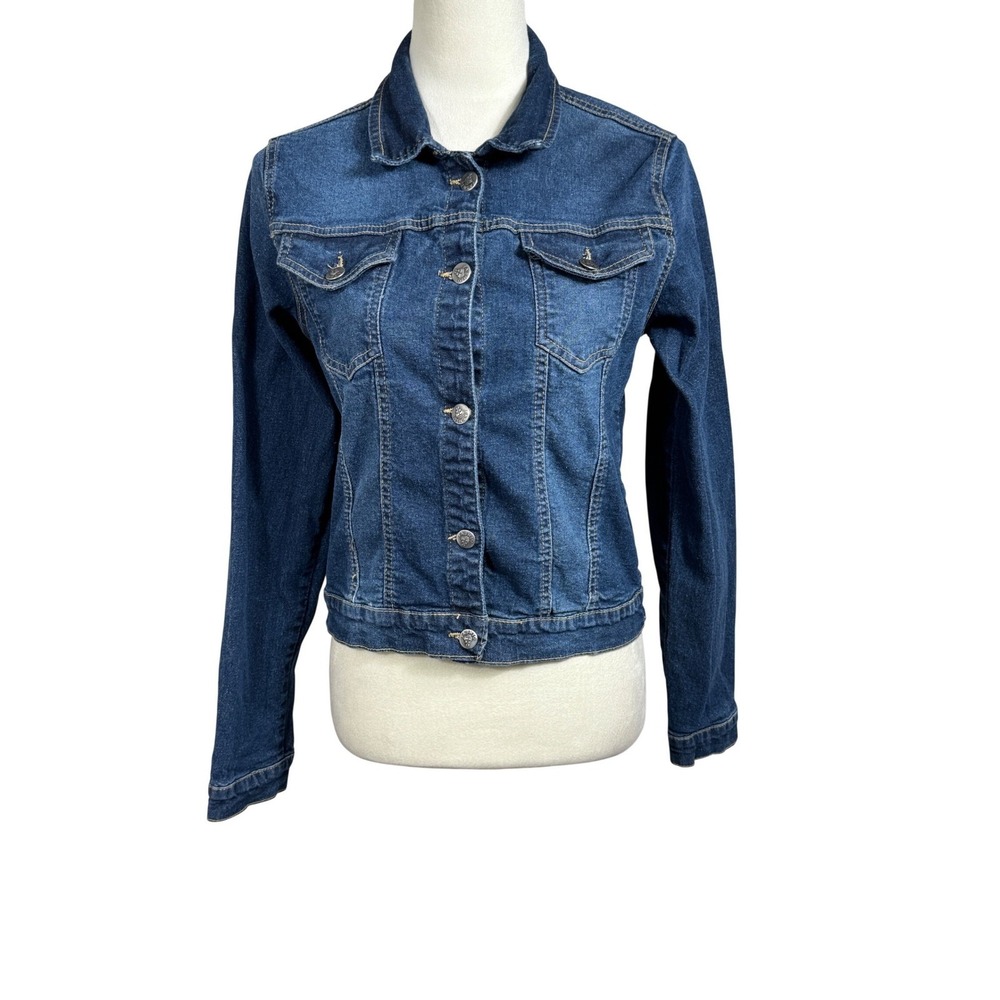 Skyline Wears Womens Dark‎ Wash Stretch Denim Trucker Jacket Blue Size L